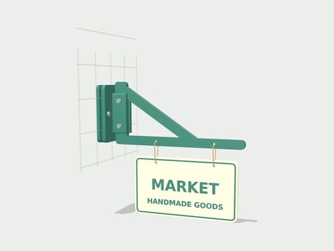 Hanging market sign with braced arm and panel clamp